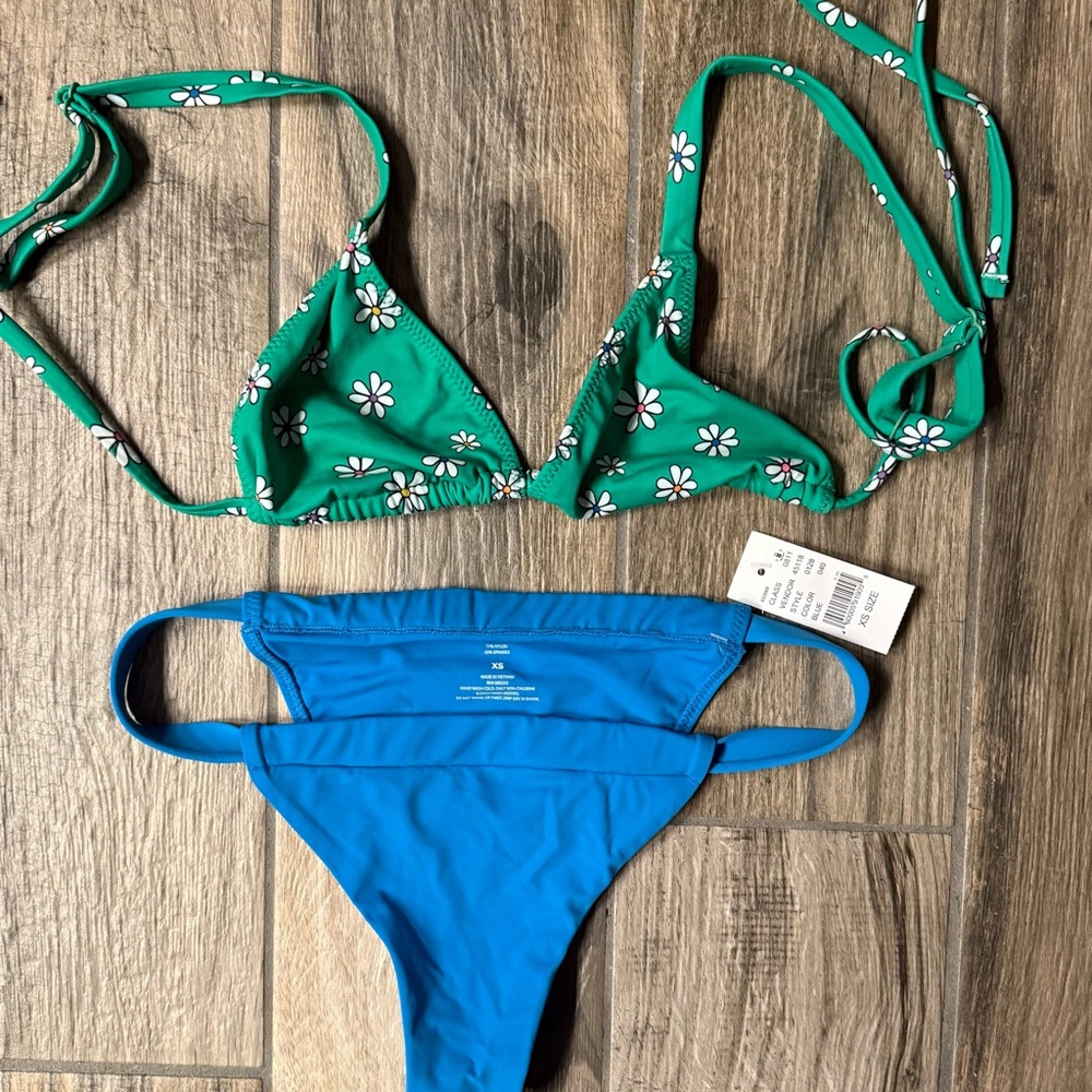 PacSun LA Hearts Green Daisy Bikini Top and Blue Bottom